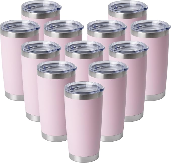 HASLE OUTFITTERS 20oz Stainless Steel Tumblers Bulk, Insulated Travel Cup with Lid, Double Wall Vacuum Coffee Mug for Cold & Hot Drinks 12 Pack, Light Pink by HASLEOUTFITTERS