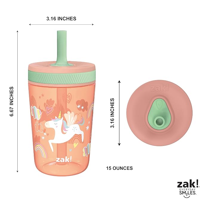 Zak Designs Kelso Tumbler Set 15 oz, (Unicorn) Leak-Proof Screw-On Lid with Straw Made of Durable Plastic and Silicone, Perfect Cup Bundle for Kids (2pc Set) - Image 8