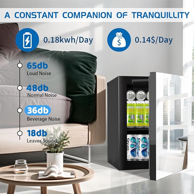 Stopasd Compact Beverage Refrigerator, 0.9 Cu.Ft/24 Can Mini Fridge with Adjustable Shelves & Mirror Door for Drink and Cosmetics,Quiet Compact Countertop Skincare Fridge for Bedroom/Office/Bar - Image 3