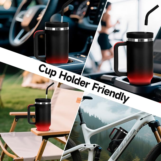 40oz Tumbler with Handle and Straw Spout 2-in-1 Lid, Spill Leak Proof Insulated Travel Cup Traveler Water Mug Keep Cold Hot, Dishwasher Safe Stainless Steel Bottle Gifts for Women Men, Black Red - Image 7