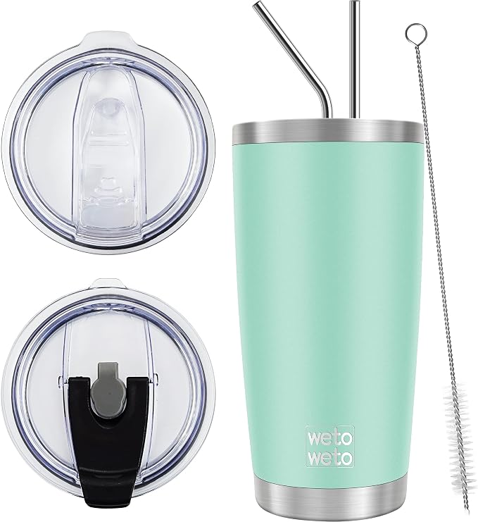 WETOWETO 20oz Tumbler with 2 lids and 2 straws, Stainless Steel Vacuum Insulated Water Coffee Tumbler Cup, Double Wall Powder Coated Spill-Proof Travel Mug Thermal Cup (Light Green, 1 Pack) by Wetoweto