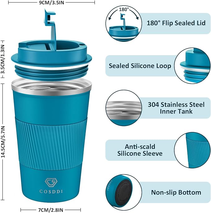 CS COSDDI Stainless Steel Travel Mug 12oz - Vacuum Insulated Coffee Travel Mug Spill Proof with Leakproof Lid - Double Walled Reusable Tumbler Cups for Keep Hot/Ice Coffee,Tea and Beer(Aquamarine) - Image 2