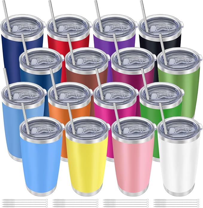 YOUKE OLA 16 Pack Insulated Coffee Tumbler - 20oz Stainless Steel Double Wall Vacuum Travel Tumbler Cup with Lid and Straw for Cold & Hot Drinks (Mixed Colors) by YOUKEOLA
