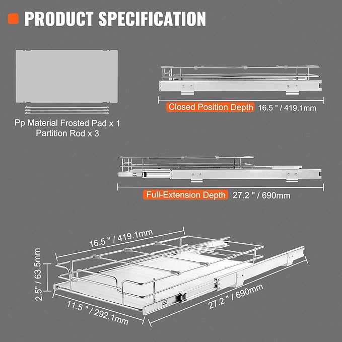 VEVOR 12.5"Wx16.5"Dx3.5"H Pull Out Cabinet Organizer, Heavy Duty Slide Out - Image 7