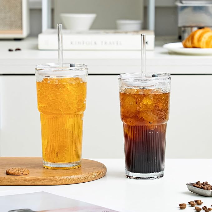 20oz Glass Tumblers with Lids and Straws, Set of 4 - Stylish Ribbed Design Drinking Glasses for Iced Coffee Cups, Juice, Smoothies, Cold Beverages, Includes Cleaning Brush, Durable Glassware - Image 6