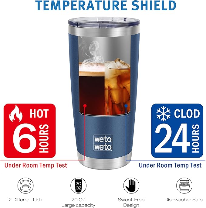 WETOWETO 20oz Tumbler with 2 lids and 2 straws, Stainless Steel Vacuum Insulated Water Coffee Tumbler Cup, Double Wall Powder Coated Spill-Proof Travel Mug Thermal Cup (Navy Blue, 1 Pack) - Image 5
