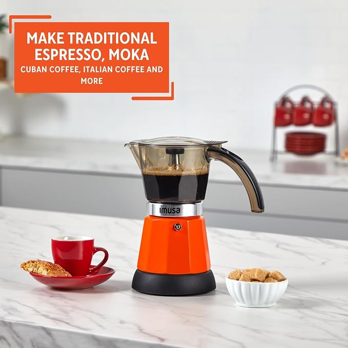 IMUSA 6 or 3 Cup Electric Espresso Maker with Cool-Touch Handle, Orange - Image 5