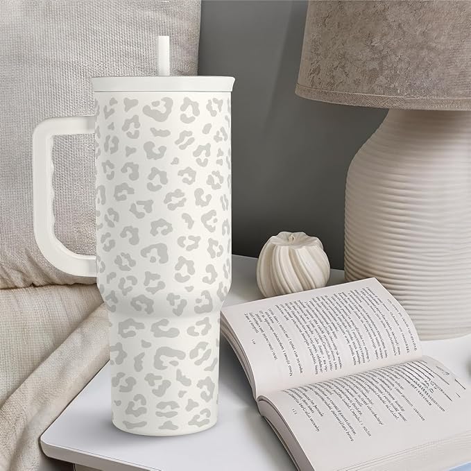SANDJEST Leopard Tumbler with Handle, Insulated Cup Stainless Steel Travel Mug Cup, Gifts for Women Girl on Birthday Christmas, Cream Leopard, 40oz - Image 6