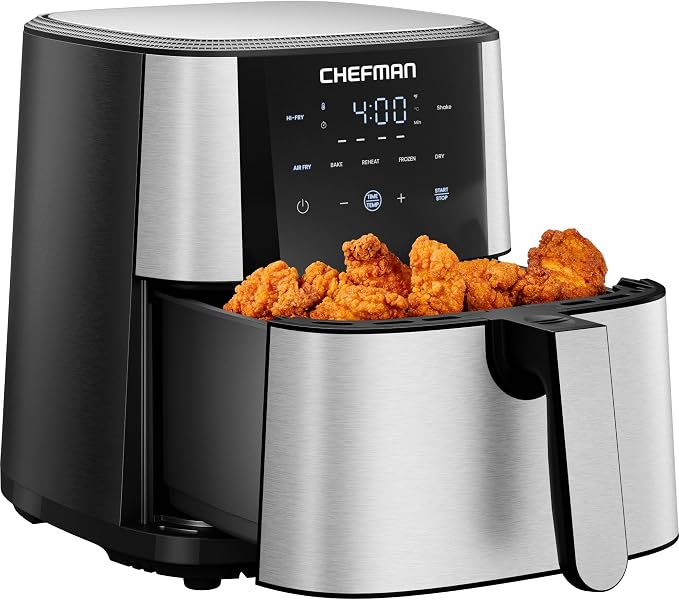 Chefman Air Fryer 6 Qt | TurboFry® 5-in-1 with 450°F Hi-Fry Option for Crispier Results | Bake, Dehydrate, Frozen | XL Nonstick Dishwasher-Safe Basket | Stainless Steel by Chefman