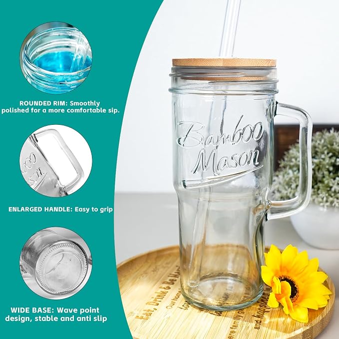 ANOTION Glass Cups with Lids and Straws - 24oz Tumbler with Handle Coffee Cups Glass Straws Glasses Mason Jar Cups Drinking Set Kitchen Essentials Coffee Bar Accessories House Warming Gifts New Home - Image 4