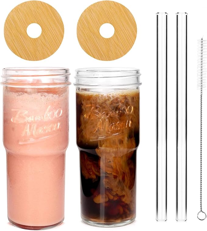 ANOTION Glass Cups with Lids and Straws 2 Packs, 24oz Travel Coffee Mug Wide Mouth Bamboo Mason Jar Iced Coffee Cup Smoothie Cup Glass Tumbler Tea Cup Clear Cute Water Cups Drinking Jars Glasses by ANOTION