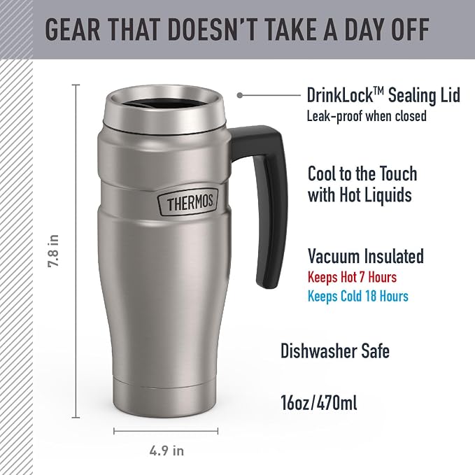 THERMOS Stainless King Vacuum-Insulated Travel Mug with Handle - 16oz, Matte Steel - Thermos Tumbler for Hot & Cold Drinks - Leak-Proof & Sweat-Proof Stainless Steel Coffee Mug with Lid for Commuting - Image 2