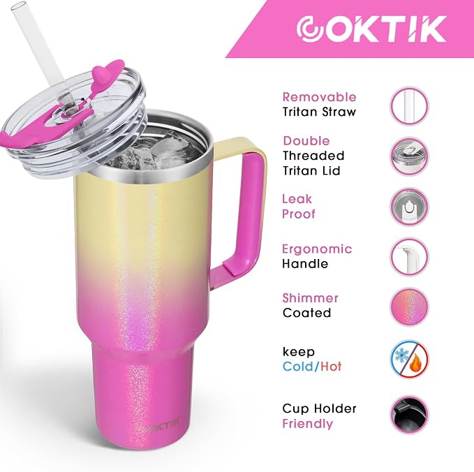 COKTIK 40 oz Tumbler With Handle and Straw, Insulated Tumbler With Leakproof Lids, Stainless Steel|BPA-Free, Cold for 24 H (Glitter Rainbow) - Image 2