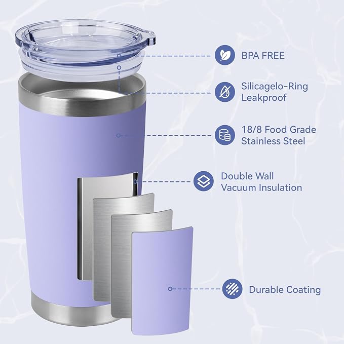 HASLE OUTFITTERS 20oz Stainless Steel Tumblers Bulk, Insulated Travel Cup with Lid, Double Wall Vacuum Coffee Mug for Cold & Hot Drinks 1 Pack, Light Purple - Image 2