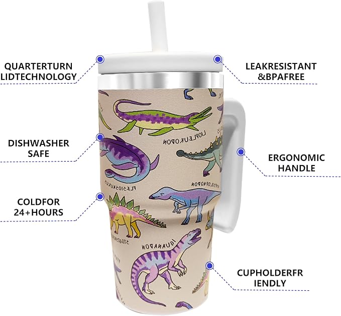 20-OZ Insulated Water Bottle,Insulated Stainless Steel Tumbler,Reusable Cold Drink Thermos,BPA-Free, Double-Wall Stainless Steel Water Bottle (Cream-Dinosaur, 20, Fluid Ounces) - Image 5