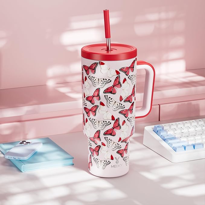 Meoky 40 oz Tumbler with Handle and Straw: Stainless Steel Insulated Tumbler with Lid and Straw - 100% Leak Proof Tumbler for Car Cup Holders - Travelers Commuters Workers, Red Butterfly - Image 7