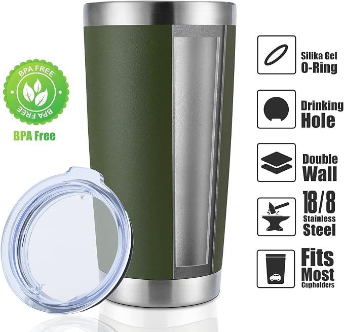 DOMICARE 20oz Stainless Steel Tumbler Bulk with Lid, Double Wall Vacuum Insulated Travel Mug, Powder Coated Coffee Cup, Army Green, 12 Pack - Image 2