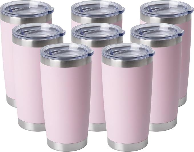 HASLE OUTFITTERS 20oz Stainless Steel Tumblers Bulk, Insulated Travel Cup with Lid, Double Wall Vacuum Coffee Mug for Cold & Hot Drinks 8 Pack, Light Pink by HASLEOUTFITTERS