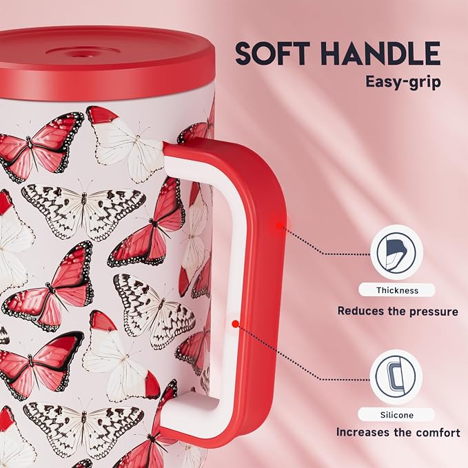 Meoky 40 oz Tumbler with Handle and Straw: Stainless Steel Insulated Tumbler with Lid and Straw - 100% Leak Proof Tumbler for Car Cup Holders - Travelers Commuters Workers, Red Butterfly - Image 6
