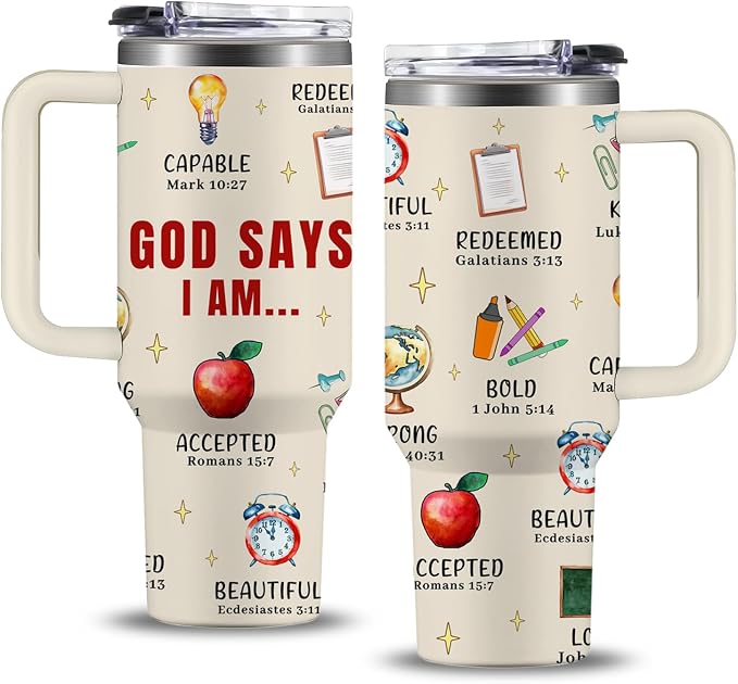 Christian Teacher Gift, 40oz God Says I Am Teacher Tumbler With Handle, Christian Gifts for Women, Inspirational Religious Birthday Gifts for Teachers Bible Verse Cup, Teachers Appreciation Gifts by NIAXAUYT