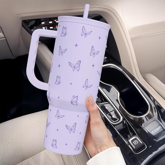 Butterfly Gifts for Women, Purple Butterfly Tumbler with Handle, Stainless Steel Insulated Coffee Travel Mug Cup, Gifts for Women Girls on Birthday Christmas, 40oz - Image 6