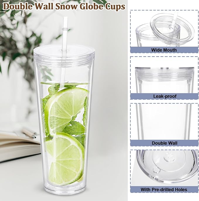 4 Pack 24Oz Snow Globe Tumblers, Double Wall Acrylic Snowglobe Cup with Pre Drilled Hole, Lids, Straws and Plug, Reusable Clear Plastic Tumbler for Snow Globe Glitter DIY - Image 4