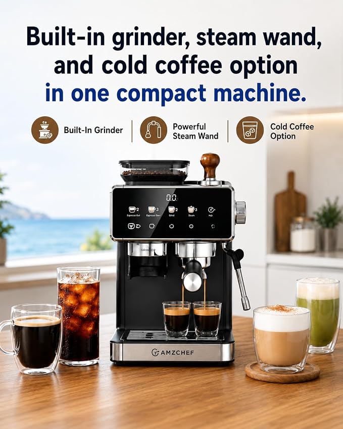 AMZCHEF Espresso Machine with Grinder, Latte & Cappuccino for Home Use - Image 2