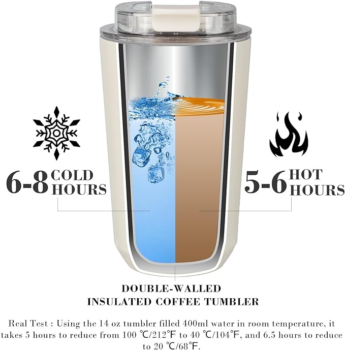 Puraville Insulated Tumblers with Lid, 14 oz Travel Coffee Mug Stainless Steel Vacuum Cup, Leak Proof Reusable Double Walled Coffee Tumbler for Iced and Hot Drinks, Cream - Image 3
