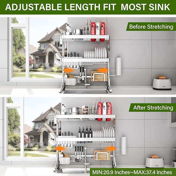 Over The Sink Dish Drainer Drying Rack 3 Tier, Full Stainless Steel Dish Drying - Image 3