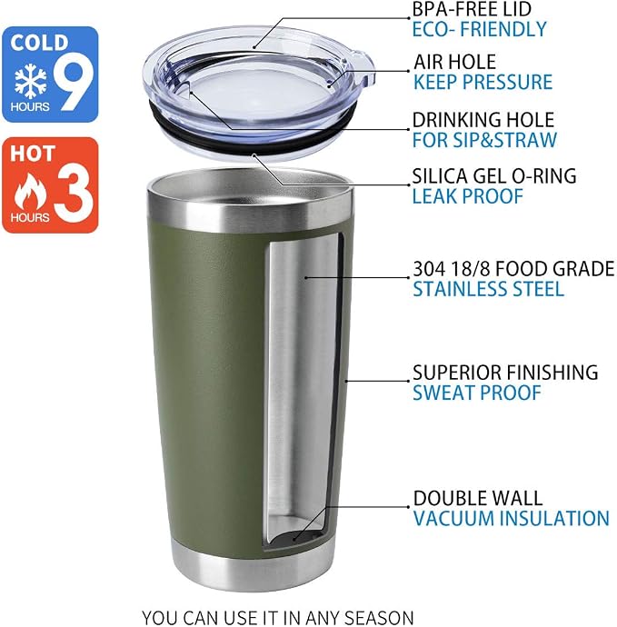 HASLE OUTFITTERS 20oz Stainless Steel Tumblers Bulk, Insulated Travel Cup with Lid, Double Wall Vacuum Coffee Mug for Cold & Hot Drinks 4 Pack, Army Green - Image 4