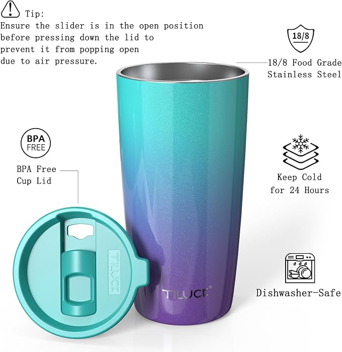 TILUCK 20 oz Insulated Tumbler with BPA-Free Lid, Stainless Steel Vacuum Travel Coffee Mug, Double Wall Coffee Tumbler（20oz，GlitterBluePurple） - Image 2