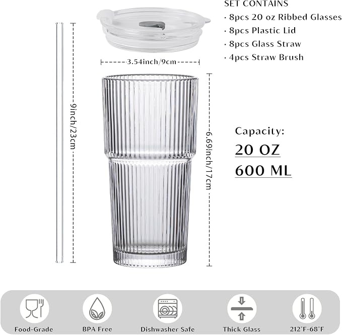 INSETLAN 8-Piece Glassware Set – 20 oz Ribbed Glass Tumblers with Lids and Glass Straws, Heavy-Duty Tumblers, Ideal for Iced Coffee, Smoothies, Cocktails, and Juices – Elegant and Durable Drinkware - Image 2