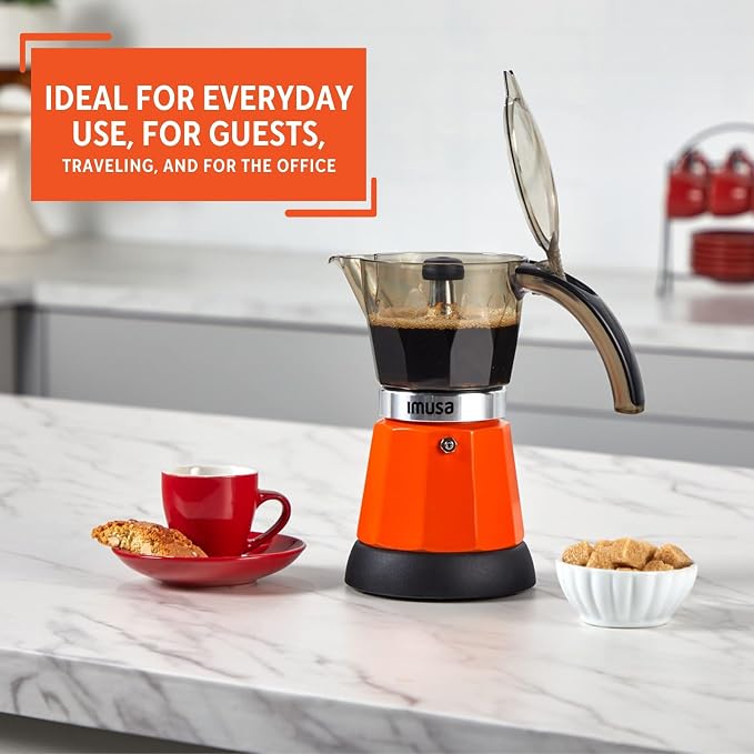IMUSA 6 or 3 Cup Electric Espresso Maker with Cool-Touch Handle, Orange - Image 6