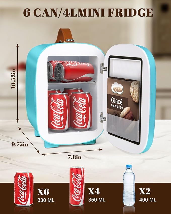 FANSEXPERT Mini Fridge for Bedroom, 4 Liter/6 Cans Skincare Small Refrigerator, AC/DC Portable Mini Cooler & Warmer, Small Fridge for Camping, Dorm, Office, Car (Blue) - Image 2