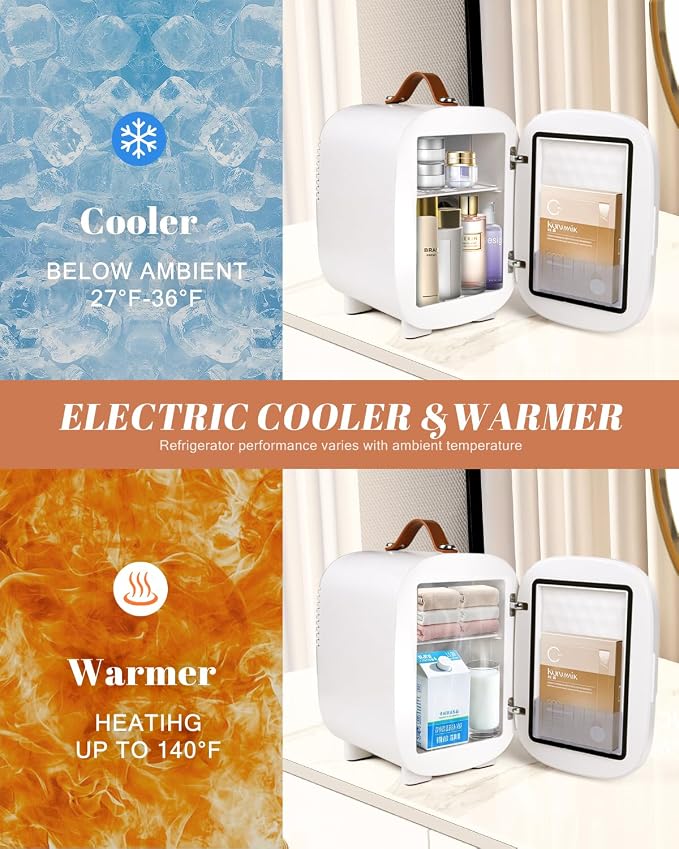 Mini Fridge for Bedroom, 4 Liter/6 Can Skincare Fridge With LED Mirror & Leather Carrying Handle,12v AC/DC Cooler & Warmer Portable Small Refrigerator for Drinks, Makeup, Dorm, Office and Car(White) - Image 4
