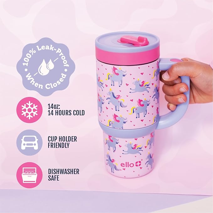 Ello Oasis 14oz Stainless Steel Toddler Tumbler with Handle & Retracting Straw, 100% Leakproof, Double-Wall Vacuum Insulated, Kids Water Bottle for School, BPA Free, Dishwasher Safe, Unicorns - Image 3