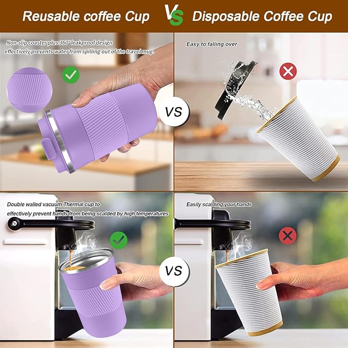 YINBAOGE Insulated Travel Coffee Mug, Spill & Leak Proof, Portable To Go Camping Stainless Steel Coffee Tumbler, Reusable Thermal Coffee Cup with Lid for Hot & Cold Drinks (Purple, 17 OZ) - Image 4
