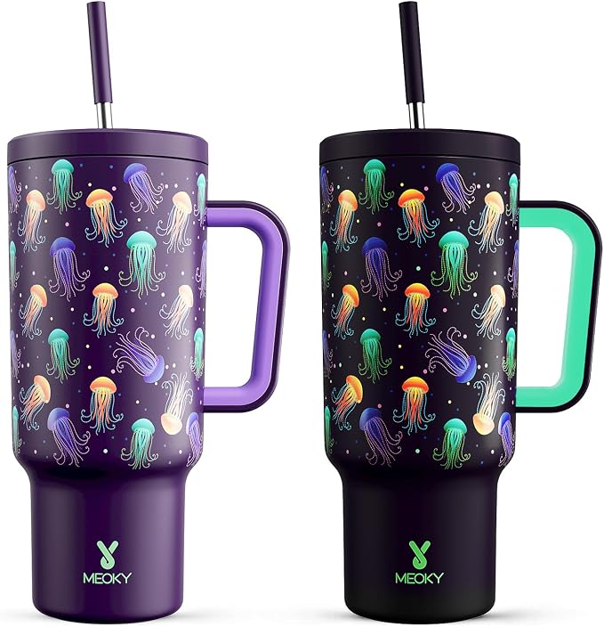 Meoky 40 oz Tumbler with Handle and Straw: Glow in the Dark Tumbler with Lid and Straw - Stainless Steel Insulated Tumbler for Car Cup Holders - Travelers Commuters Workers, Jellyfish by MEOKY