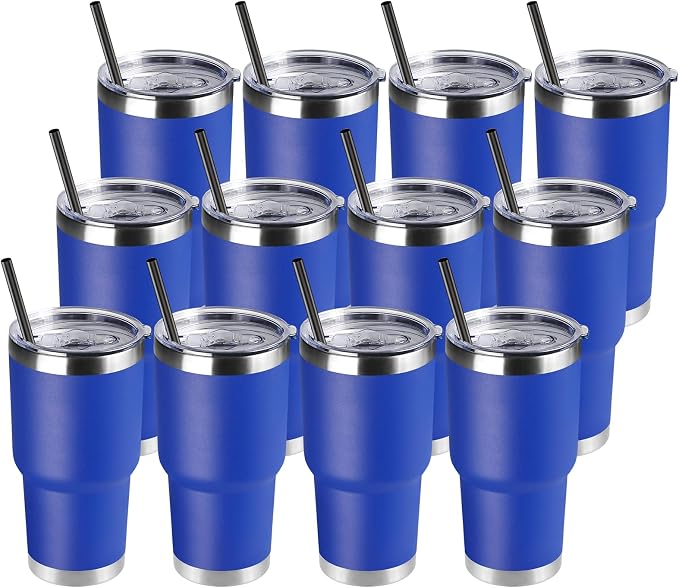DOMICARE 30 oz Tumbler with Lid and Straw, Stainless Steel Tumblers Bulk, Insulated Vacuum Double Wall Travel Coffee Mug, Durable Powder Coated Tumbler Cups (Dark Blue, 12) by VisittheDOMICARE