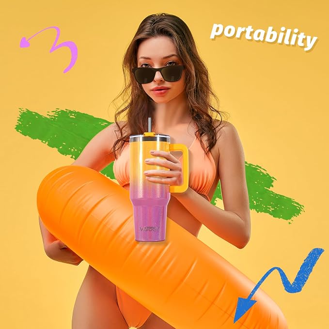 30 oz Shiny Tumbler with Handle and Straw,Stainless Steel Tumbler with Lid and Straw,Insulated Travel Mug(Cold for 34 Hours),Water Bottle for Iced Tea,Coffee (Yellow) - Image 5