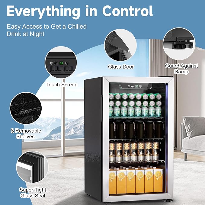 DOGHLY 105 Cans/3.0 Cu.Ft Beverage Refrigerator Glass Door Mini Fridge | Fast Cooling Mini Cooler with Adjustable Shelves for Soda, Beer, Wine, Low Noise Beverage Fridge for Home, Office,and Dorm - Image 2