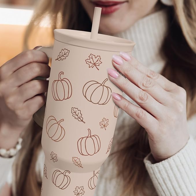 SANDJEST Pumpkin Tumbler with Handle and Straw 40oz – Stainless Sleel Slider Tumbler Travel Coffee Mug for Women - Gift Idea for Fall Autumn Halloween - Image 6