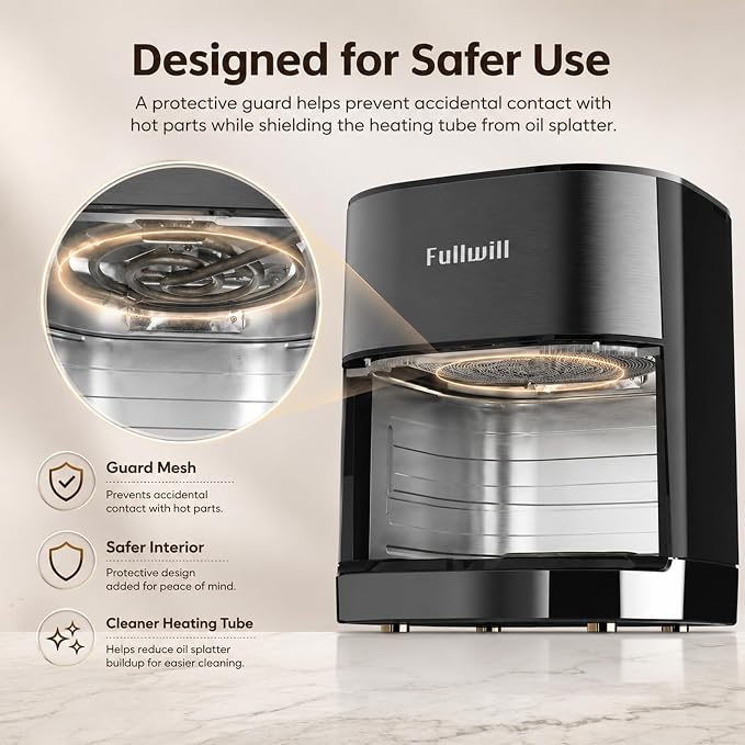 Fullwill 6Qt Air Fryer with Window, Dual Heating, 14-in-1/12 Presets (Wings, Steak, Fries, Pizza), 392°F, 1700W, Nonstick & Dishwasher-Safe Basket, PFOA-Free, Oil-Free Fast Cooking - Image 6