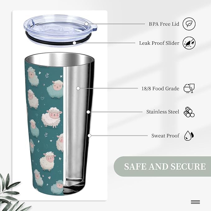 Sheep Tumbler with Lid and Straw 20oz Vacuum Insulated Coffee Cup Stainless Steel Tumblers Leakproof Travel Mug Present for Women Men - Image 3