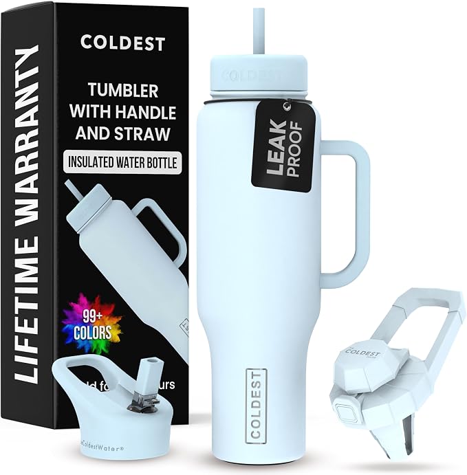 Coldest Tumbler with Handle and Straw - 100% Leak Proof Insulated Tumbler with Lid and Straw (3 Lids) - Stainless Steel Tumblers for Women & Men - Cup Holder Friendly Base, 46 oz (Morning Mist) by Coldest