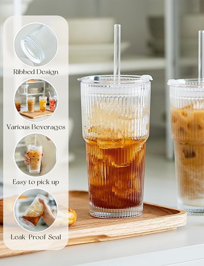 20 oz Glass Tumblers, Iced Coffee Cups with Lids and Glass Straws, Thickened Wall Glass Cups, Ideal for Smoothies, Cocktails, and Juices – Vintage and Durable Drinkware – 4 Pack - Image 3