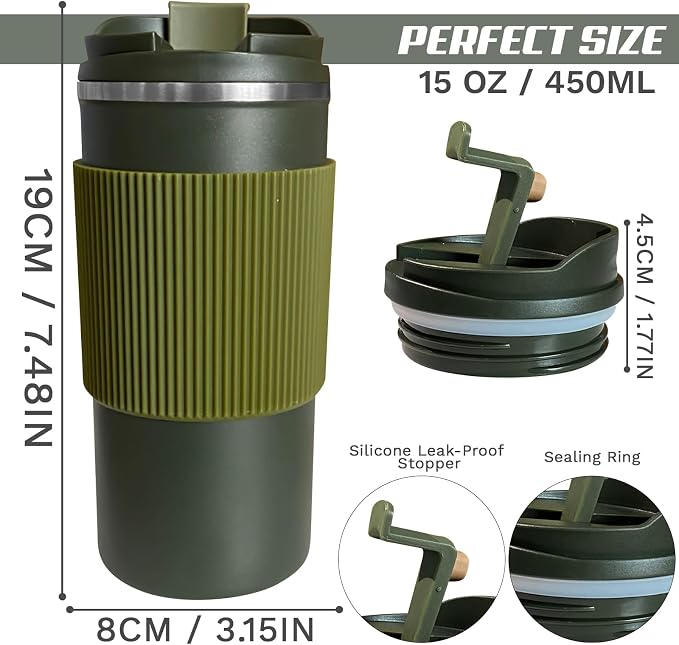 YINBAOGE Upgraded Insulated Travel Coffee Mug, Spill Proof & Leak Proof, Portable Camping Stainless Steel Tumbler, Reusable Thermal Coffee Cup with Lid for Hot & Cold Drinks (4th-Green, 15OZ) - Image 2