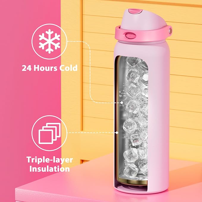 40 oz Insulated Water Bottle for Sports: Meoky Stainless Steel Water Bottle with 2-in-1 Straw and Spout Lid - Leak Proof, Cold for 24 Hours, Protective Silicone Base, BPA-Free for Women Gym, Blush - Image 5