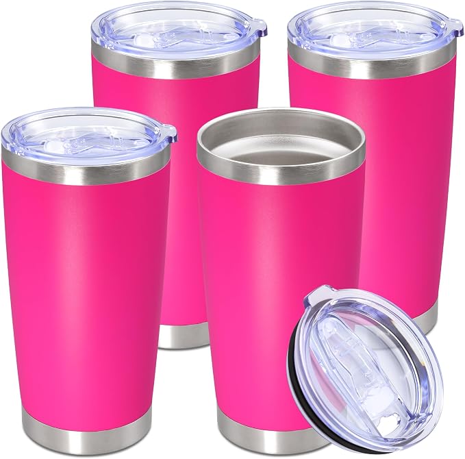 20oz Tumbler Stainless Steel Tumbler Cup with Lid Vacuum Insulated Double Wall Travel Mug, Durable Powder Coated Travel Coffee Tumbler Mug for Hot & Cold Drinks, Hot Pink,4 Pack by AUWBON