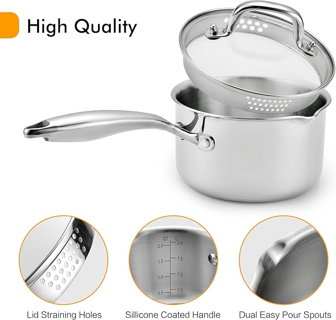 Cyrosa 2.0 Quart Saucepan with Lid, Stainless Steel Sauce Pot with Strainer Lid - Image 4